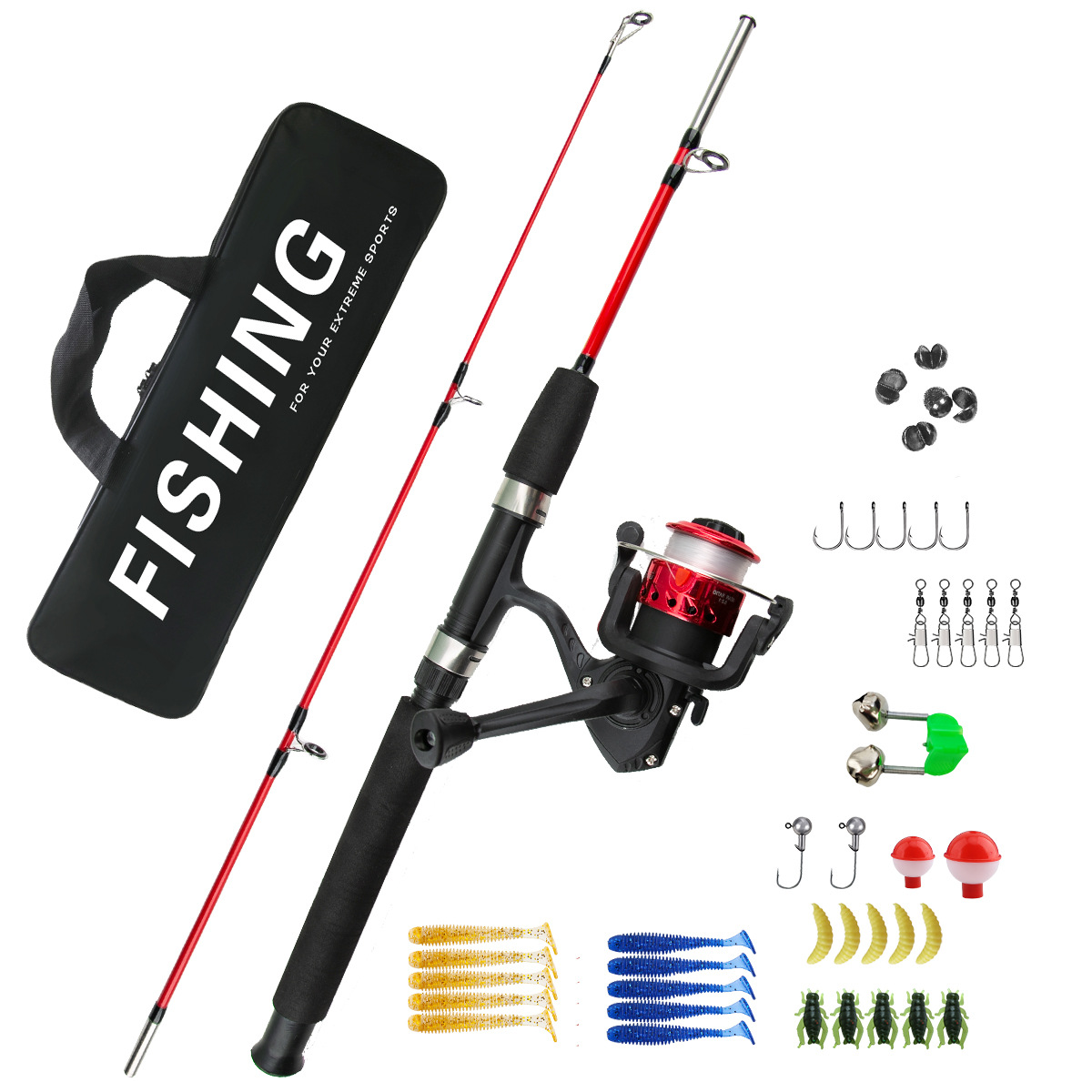 Fishing Rod Ice - 初心者向け2セクションアイスフィッシングロッドコンボ、ロングキャストシースピニングルアーフィッシングロッドコンプリートタックルキット、展開時長さ1m