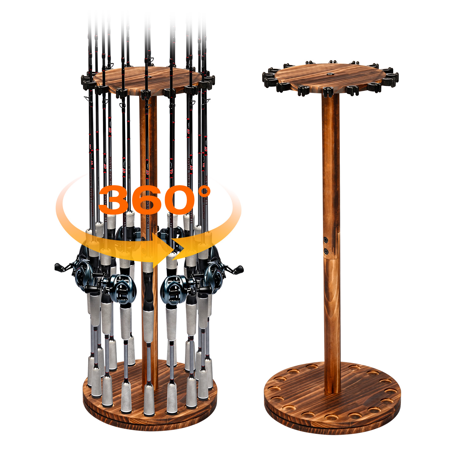 Fishing Rod Rack - 丸型炭化木材製釣り竿ホルダー回転式ディスプレイスタンド釣り竿用収納ラック家庭用ショップオーガナイザー
