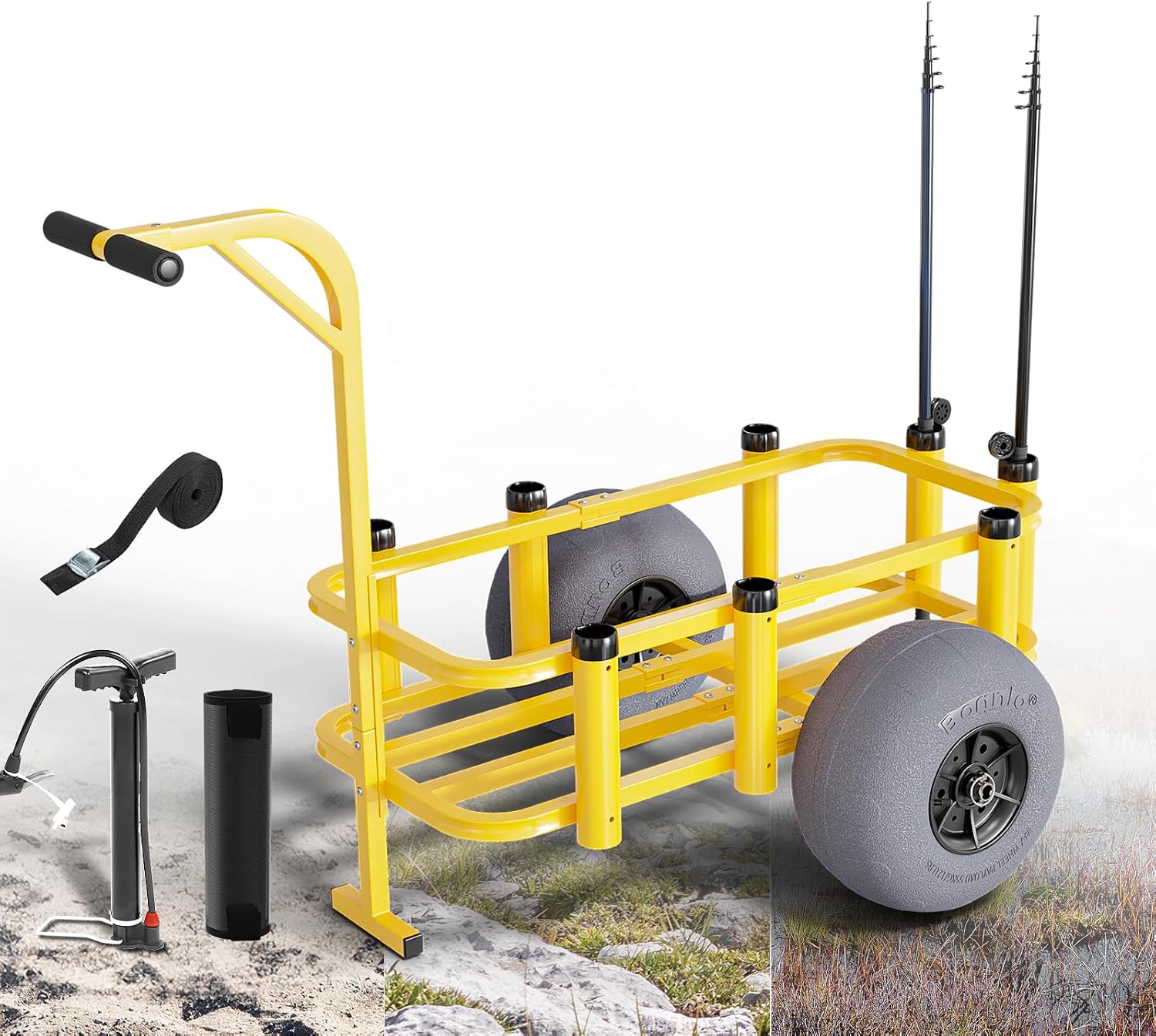 Fishing Rod Holder - 大型ホイール付きローリングフィッシングカート、砂浜用アウトドアビーチワゴン、8つの釣り竿ホルダー付きヘビーデューティーユーティリティピアカート、ポータブルメッシュバッグ、ハンドポンプ付き、シルバー
