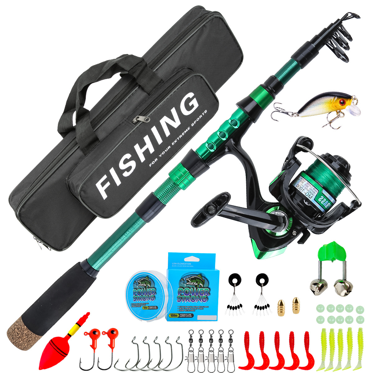 Fishing Rod Building Kit - 1.8メートルグリーンカーボンファイバーテレスコピックルアーシーロッドコンボオールインワン釣り道具セット、収納ボックス付き完全釣り具セット