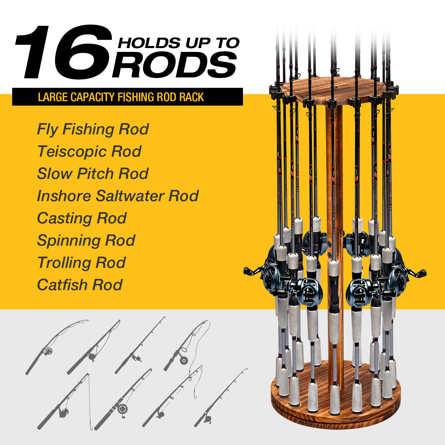 丸型炭化木材製釣り竿ホルダー回転式ディスプレイスタンド釣り竿 - Fishing Rod Rack のレビューと価格